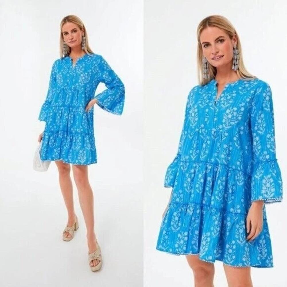 JULIET DUNN Sapphire Small Flower Lurex Flared Sleeve Mini Dress Size L NWT